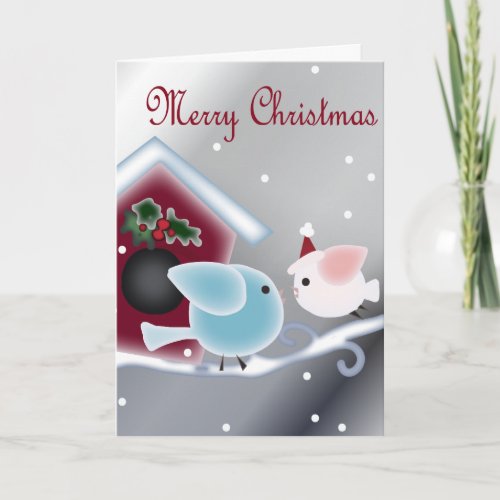 Cartoon mistletoe Love Birds Our First Christmas Holiday Card