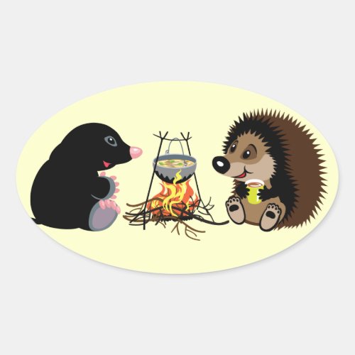 cartoon mole and hedgehog oval sticker