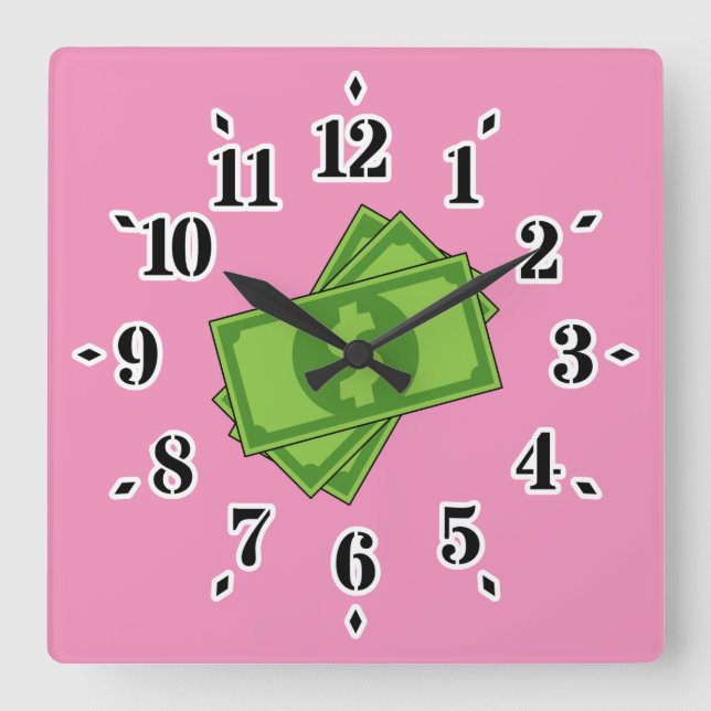 Cartoon Money Dollar Bills Square Wall Clock (Front)