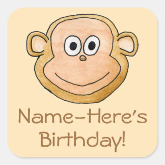 Cartoon Monkey, Birthday. Square Sticker
