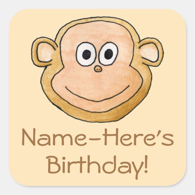 Cartoon Monkey, Birthday. Square Sticker (Front)