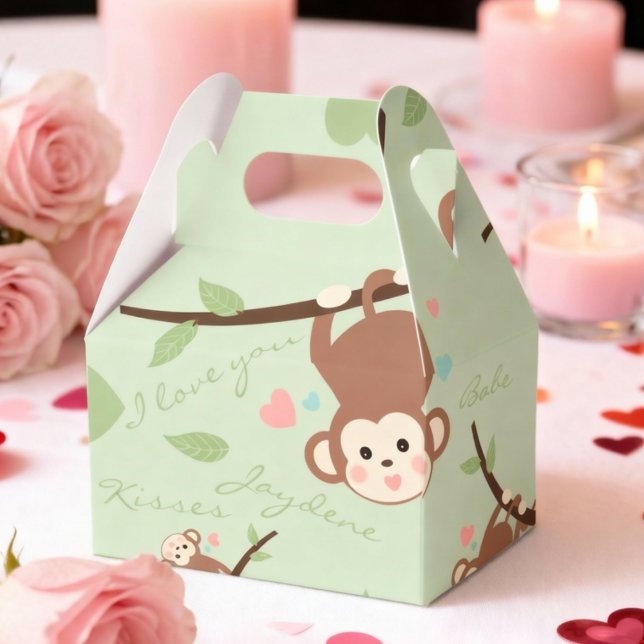 Cartoon Monkey Pastel Green Favor Box (Adorably cute with custom message for valentine, birthday or just because.)