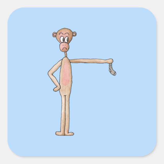 Cartoon Monkey with Smelly Sock. Square Sticker (Front)