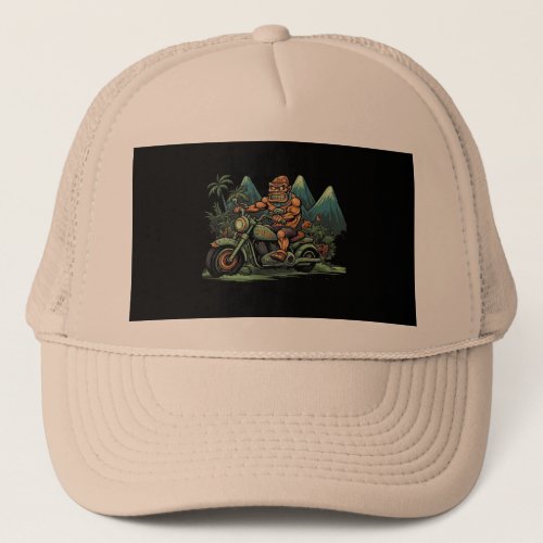 cartoon_monster_riding_motorcycle_with_mountains_b trucker hat