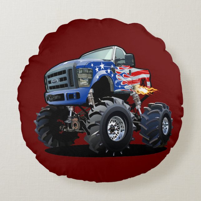 Cartoon monster truck round pillow (Front)
