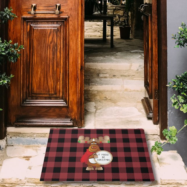 Cartoon Moose Black Red Buffalo Plaid Christmas Doormat (Creator Uploaded)