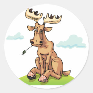 Cartoon Moose Eating Grass Classic Round Sticker