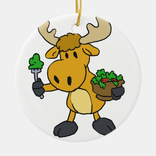 Cartoon moose eating salad  choose back color ceramic ornament