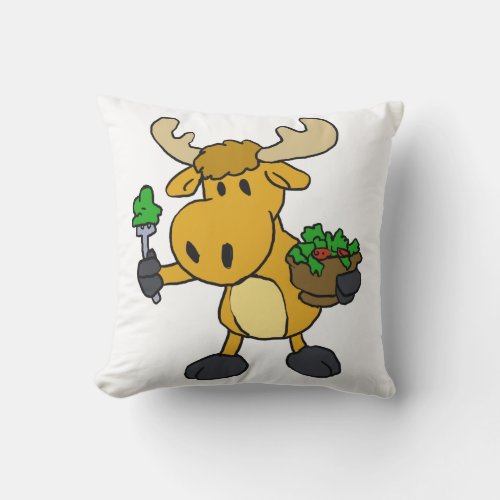 Cartoon moose eating salad  choose back color throw pillow