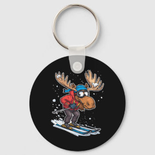 Cartoon Moose Skiing In Winter Outfit Illustration Keychain