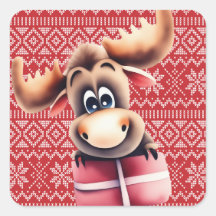 Cartoon Moose with Christmas Gift 