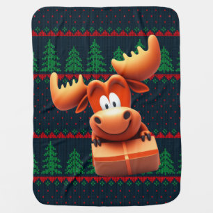 Cartoon Moose with Christmas Gift Tshirt Women Baby Blanket