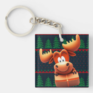 Cartoon Moose with Christmas Gift Tshirt Women Keychain
