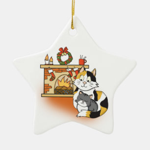 Cartoon Mother Cat and Kitten at Cozy Fireplace Ceramic Ornament