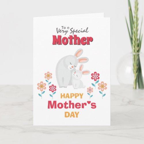 Cartoon mother child rabbit flowers mothers day card