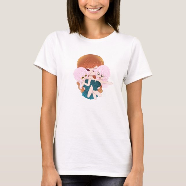 Cartoon Mother With Her Twins T-Shirt (Front)