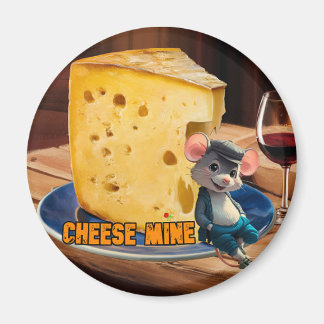Cartoon Mouse in Love with a slice of Cheese on a Magnet