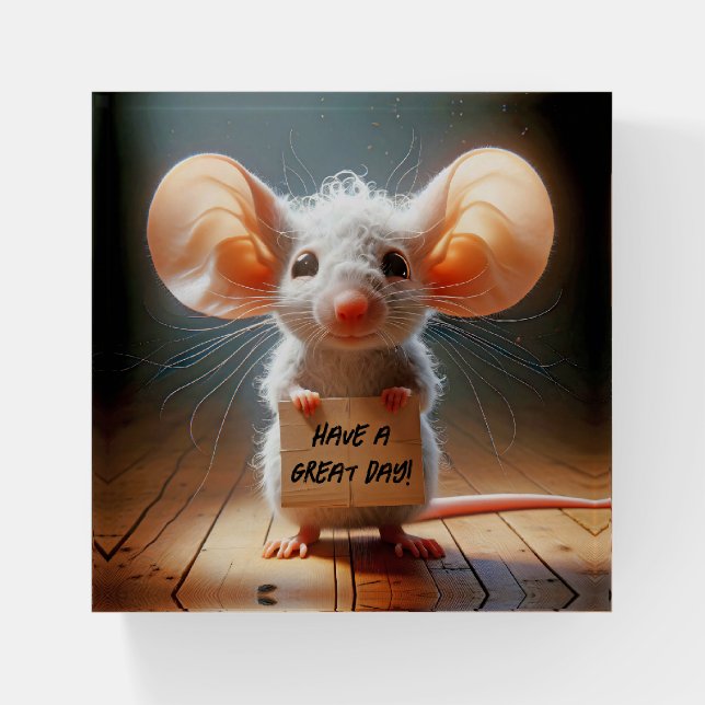 Cartoon Mouse With Cardboard Sign Paperweight (Front)