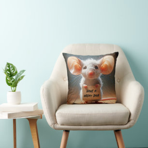 Cartoon Mouse With Cardboard Sign Throw Pillow