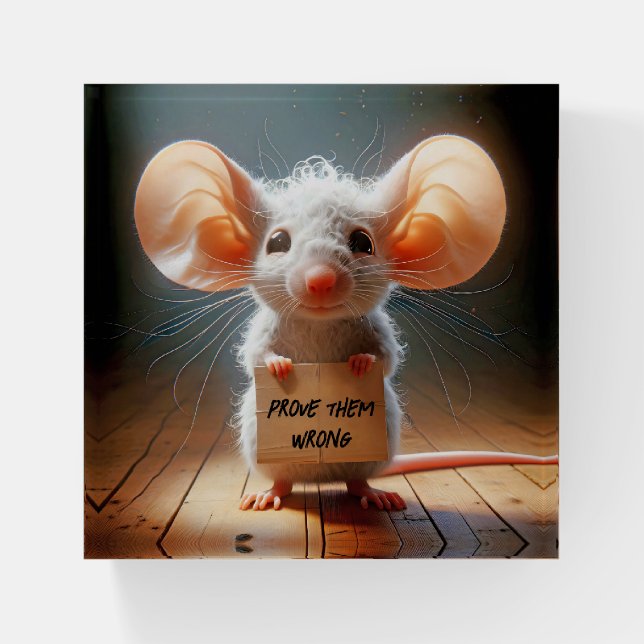 Cartoon Mouse With Inspiring Cardboard Sign Paperweight (Front)