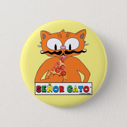 Cartoon Mustache Cat Eating Pizza Button