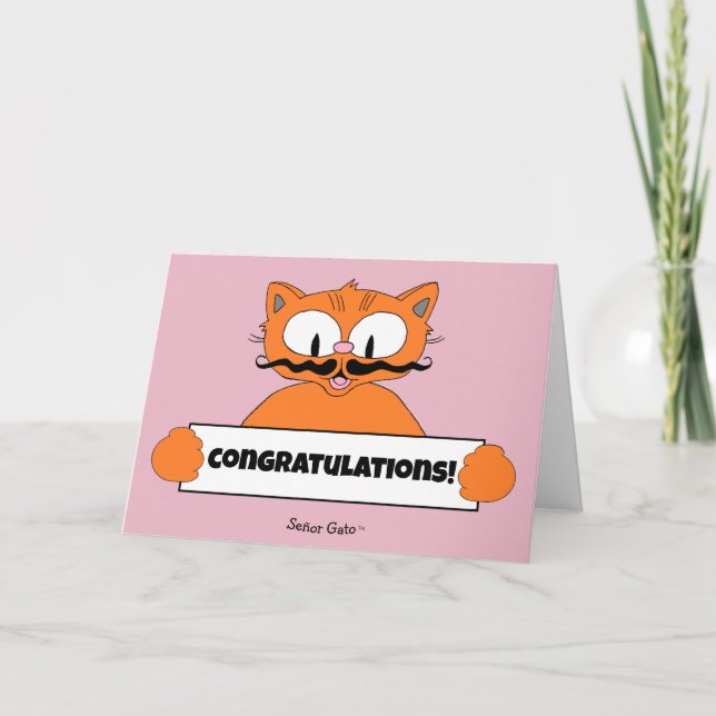 Cartoon Mustache Cat Senor Gato Congratulations Card (Front)