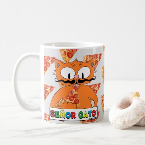 Cartoon Mustache Cat Senor Gato Eating Pizza Coffee Mug