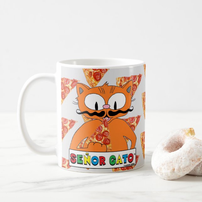 Cartoon Mustache Cat Senor Gato Eating Pizza Coffee Mug (With Donut)
