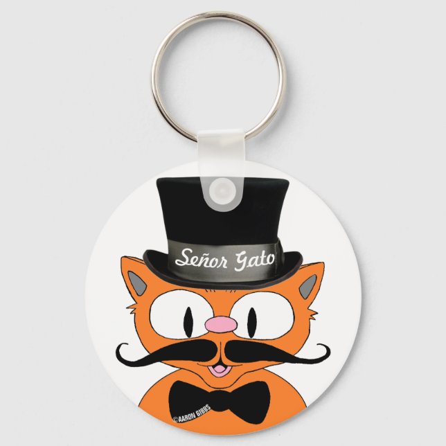Cartoon Mustache Cat Senor Gato Keychain (Front)