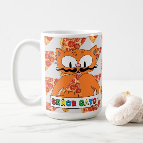 Cartoon Mustache Cat Seor Gato Pizza Lovers Large Coffee Mug