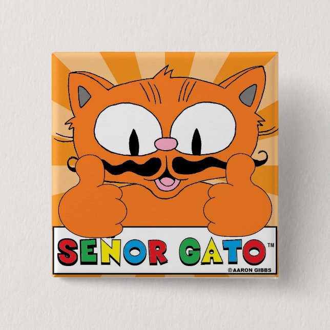 Cartoon Mustache Cat Senor Gato Thumbs Up Button (Front)