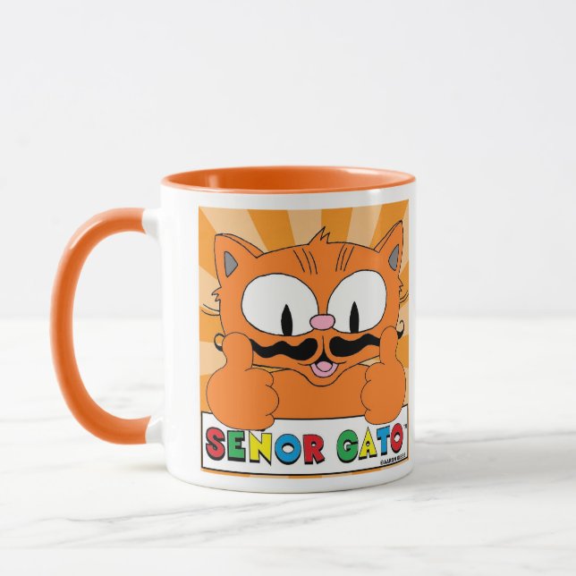 Cartoon Mustache Cat Senor Gato Thumbs Up Mug (Left)