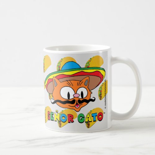 Cartoon Mustache Cat Senor Gato with Tacos Coffee Mug