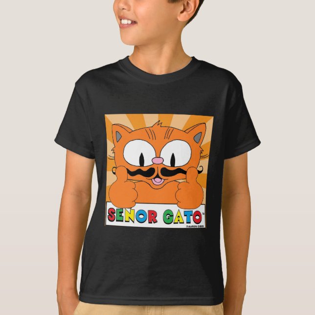 Cartoon Mustache Cat Thumbs Up Black T Shirt (Front)