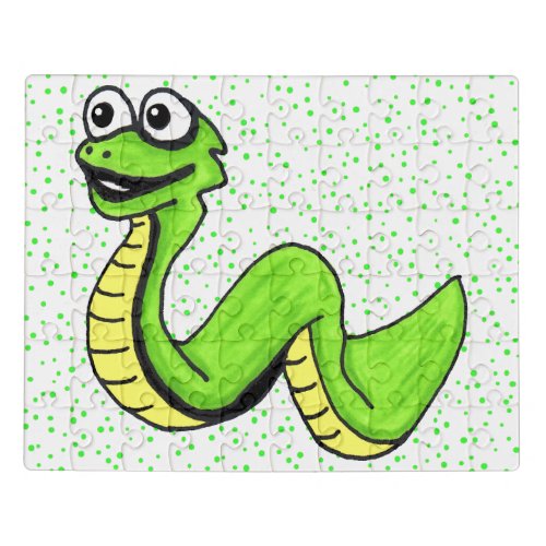 Cartoon Neon Green Snake Dots Big Smile Jigsaw Puzzle