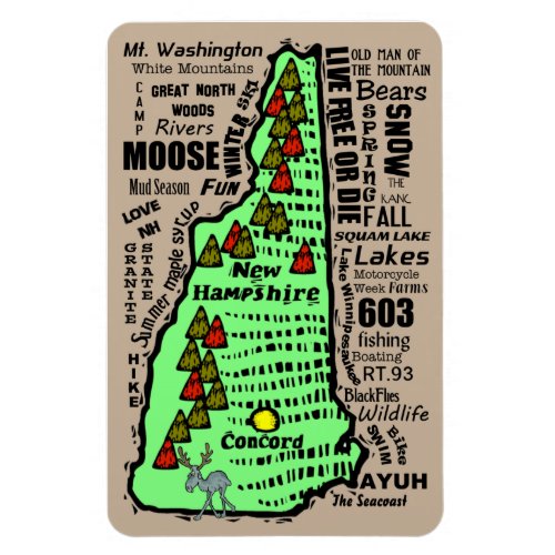 Cartoon New Hampshire State Word Map Magnet