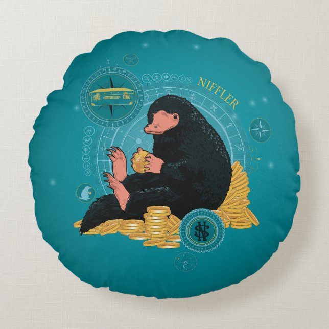 Cartoon NIFFLER™ With Gold Coins Round Pillow (Front)