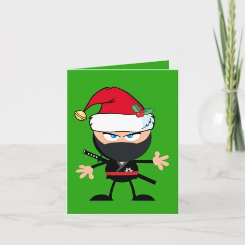 Cartoon Ninja Warrior in Santa Claus Hat Green Holiday Card