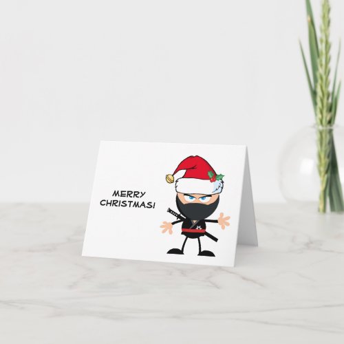 Cartoon Ninja Warrior in Santa Claus Hat Holiday Card