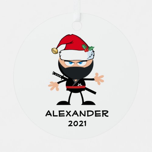 Cartoon Ninja Warrior in Santa Claus Hat Metal Ornament