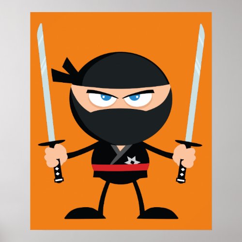 Cartoon Ninja Warrior With Two Katana Poster