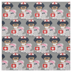 Cartoon nurse and elephant Pima cotton fabric