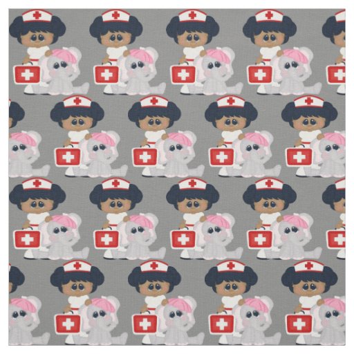 Cartoon nurse and elephant Pima cotton fabric