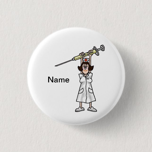 Cartoon Nurse Holding Syringe Over Her Head Button (Front)