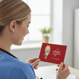 Cartoon Nurse Red Thank You Card