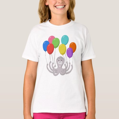 Cartoon Octopus Colorful Balloons Girl  T_Shirt
