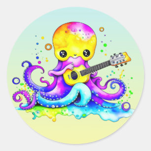 Cartoon Octopus Playing the Guitar Classic Round Sticker