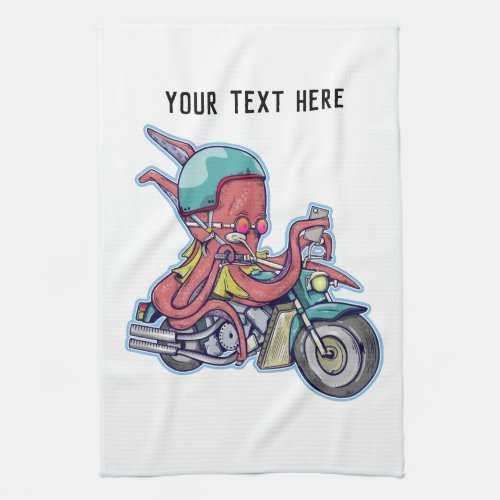 CARTOON OCTOPUS RIDING A MOTORCYCLE KITCHEN TOWEL