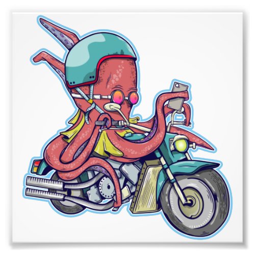 CARTOON OCTOPUS RIDING A MOTORCYCLE PHOTO PRINT