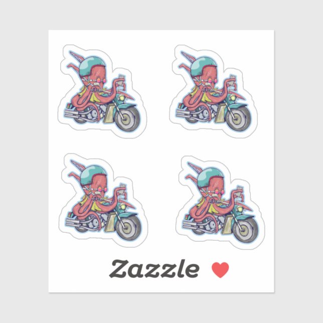 CARTOON OCTOPUS RIDING A MOTORCYCLE STICKER (Sheet)
